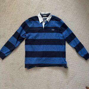 LL Bean Long Sleeve Rugby Polo Shirt Men's L Blue Striped Heavy Cotton